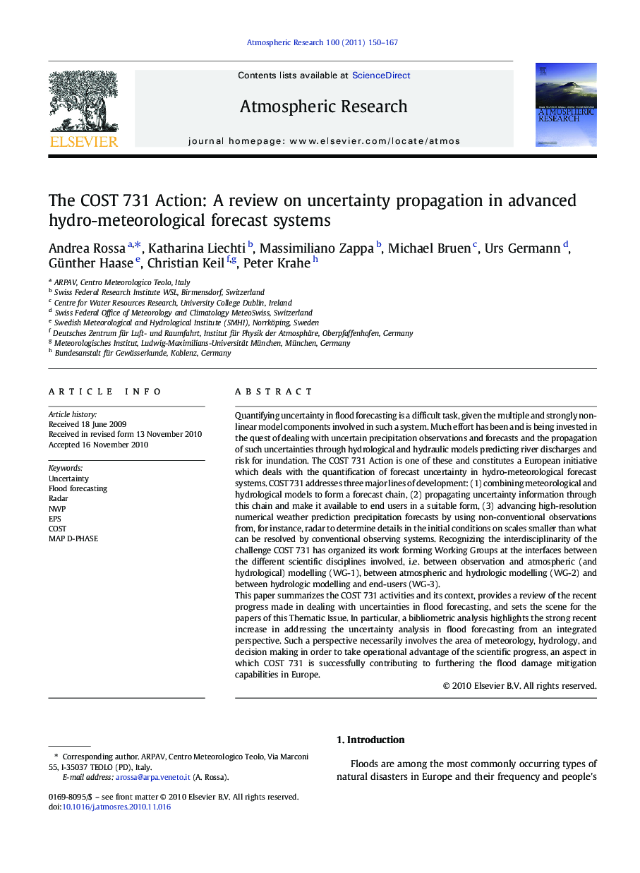 The COST 731 Action: A review on uncertainty propagation in advanced hydro-meteorological forecast systems