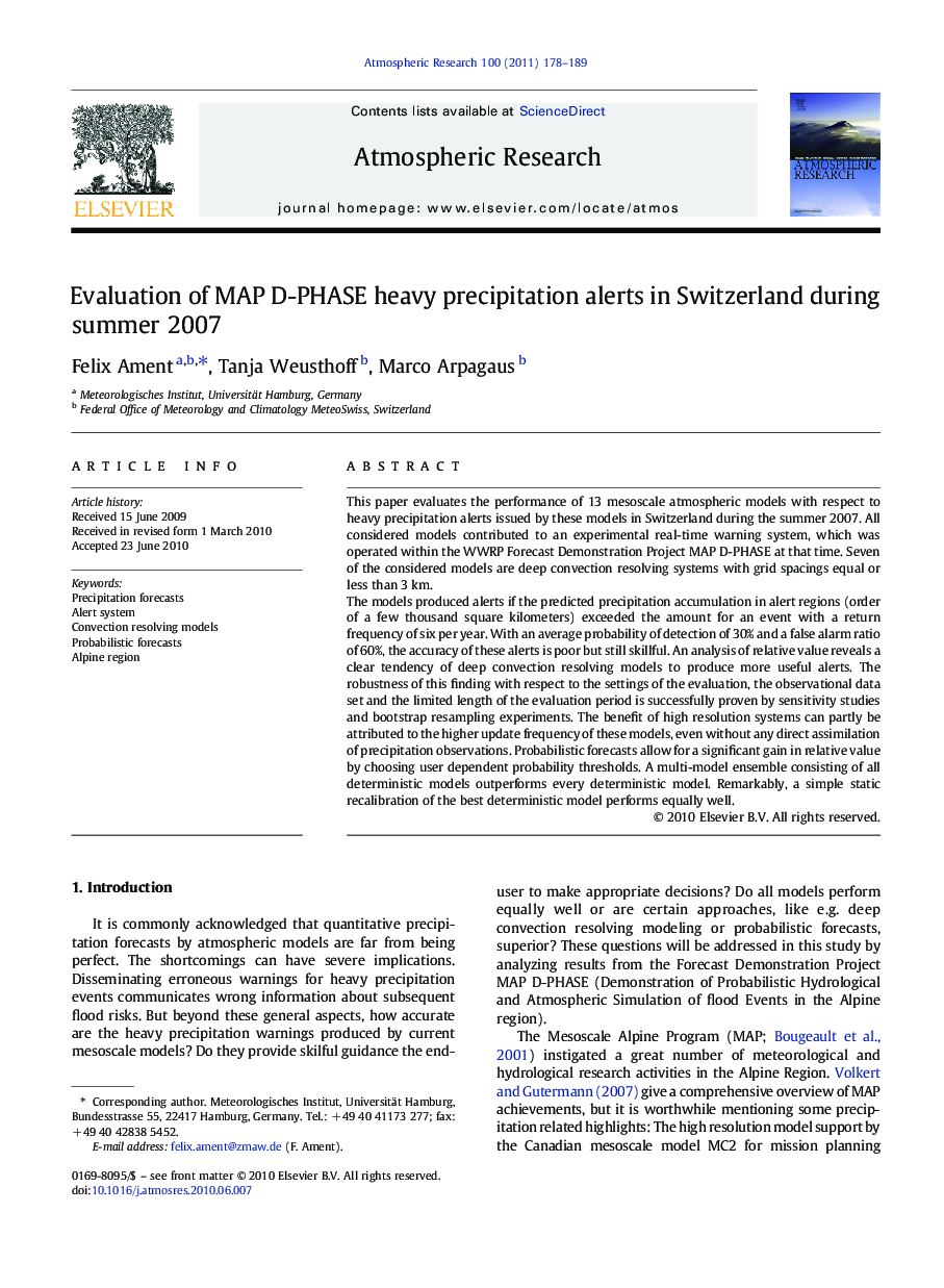 Evaluation of MAP D-PHASE heavy precipitation alerts in Switzerland during summer 2007