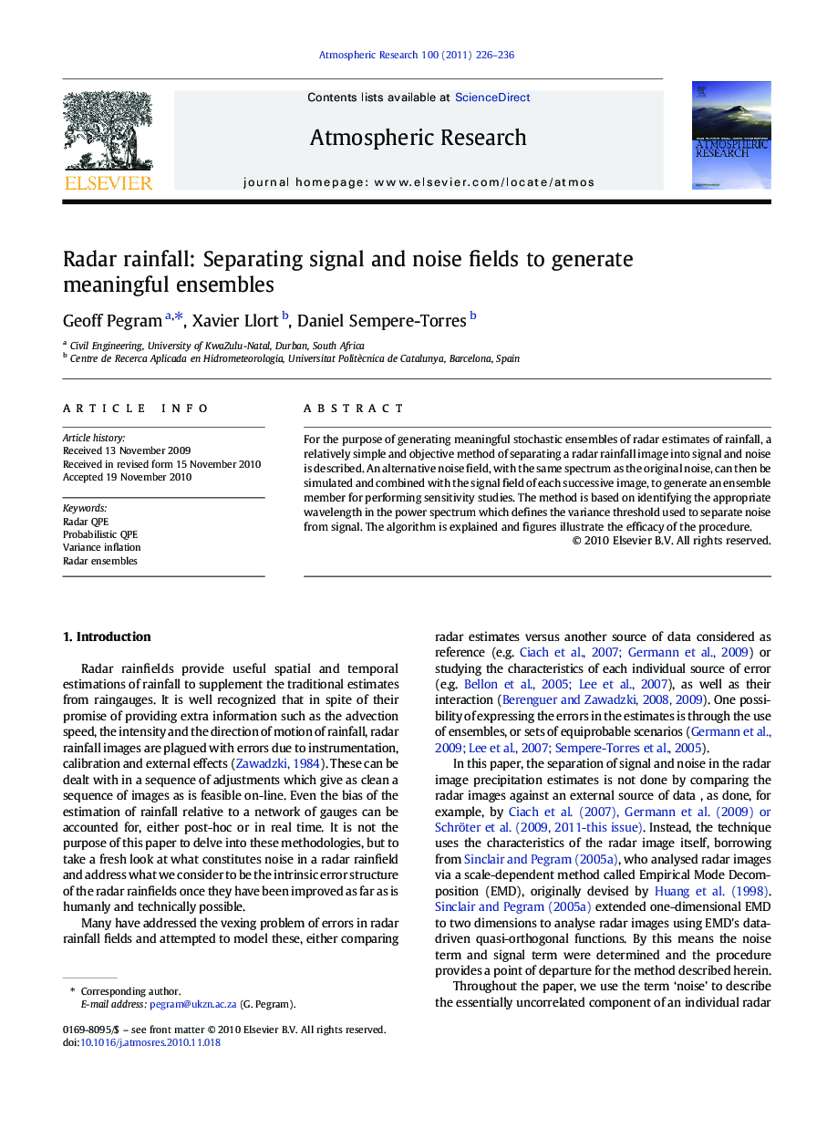 عکس صفحه اول مقاله: Radar rainfall: Separating signal and noise fields to generate meaningful ensembles Radar rainfall: Separating signal and noise fields to generate meaningful ensembles