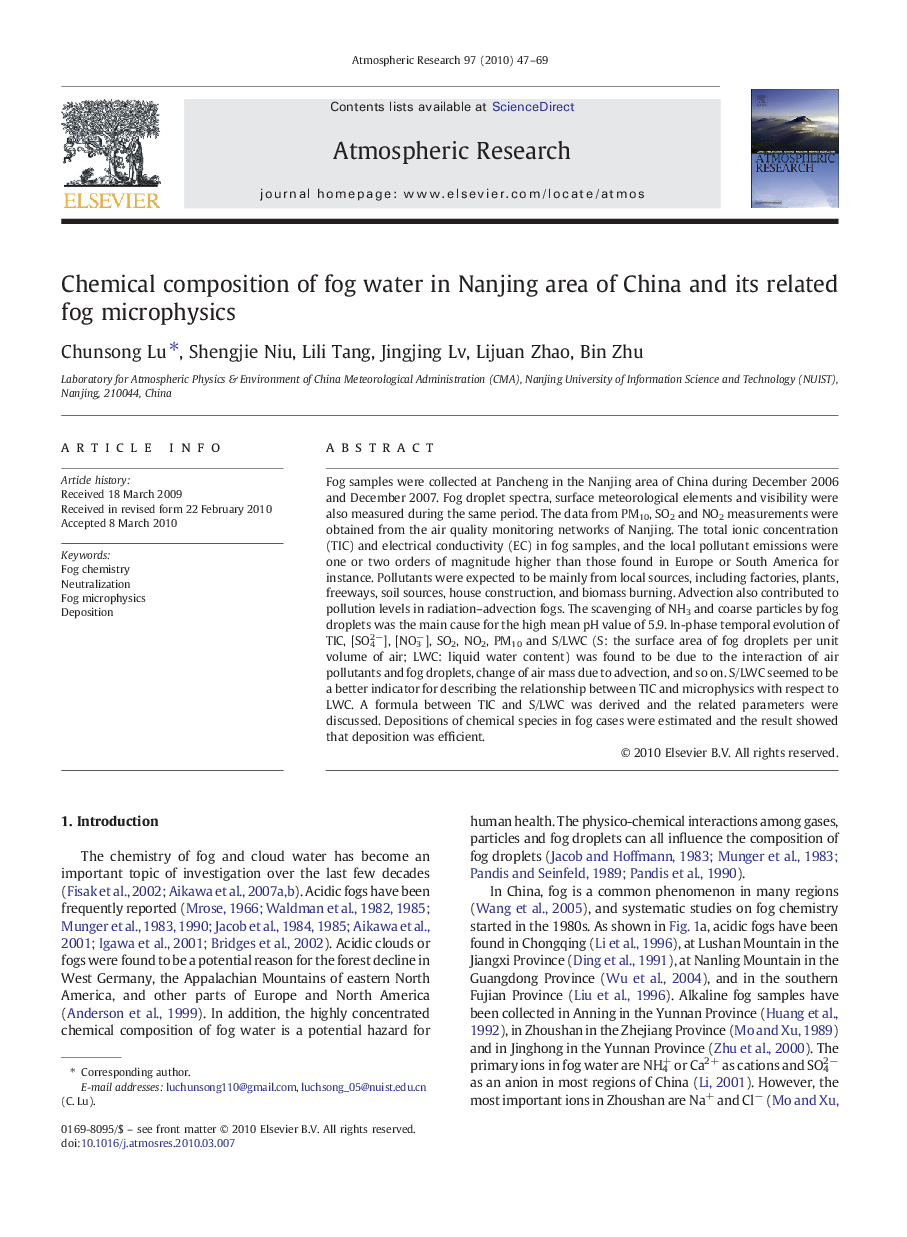 Chemical composition of fog water in Nanjing area of China and its related fog microphysics