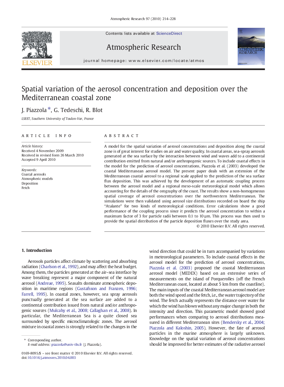 Spatial variation of the aerosol concentration and deposition over the Mediterranean coastal zone