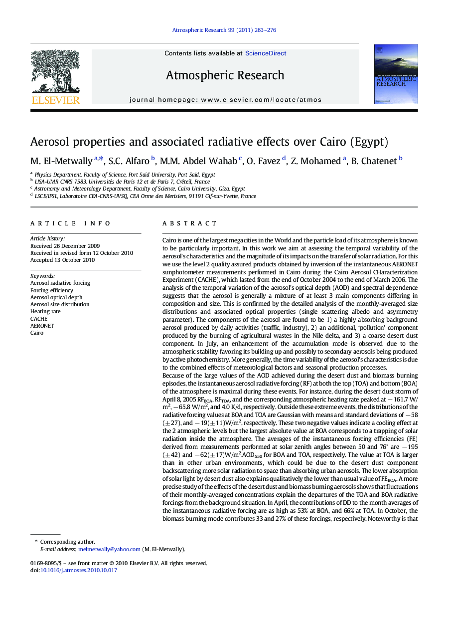 Aerosol properties and associated radiative effects over Cairo (Egypt)