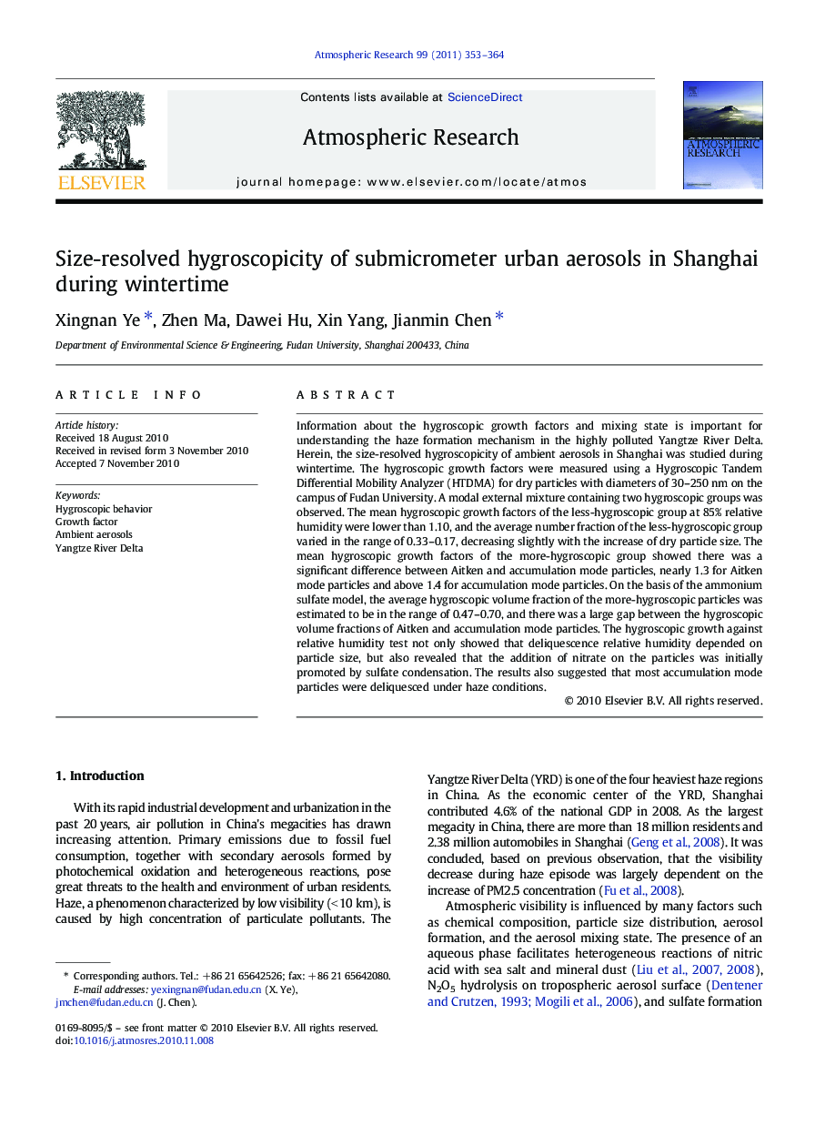 Size-resolved hygroscopicity of submicrometer urban aerosols in Shanghai during wintertime