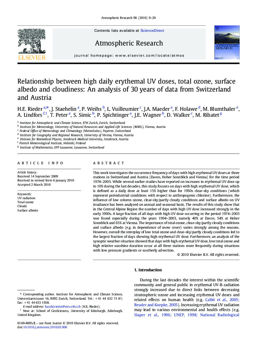 Relationship between high daily erythemal UV doses, total ozone, surface albedo and cloudiness: An analysis of 30 years of data from Switzerland and Austria