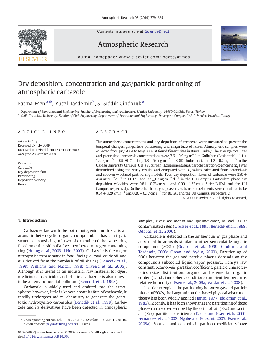 Dry deposition, concentration and gas/particle partitioning of atmospheric carbazole