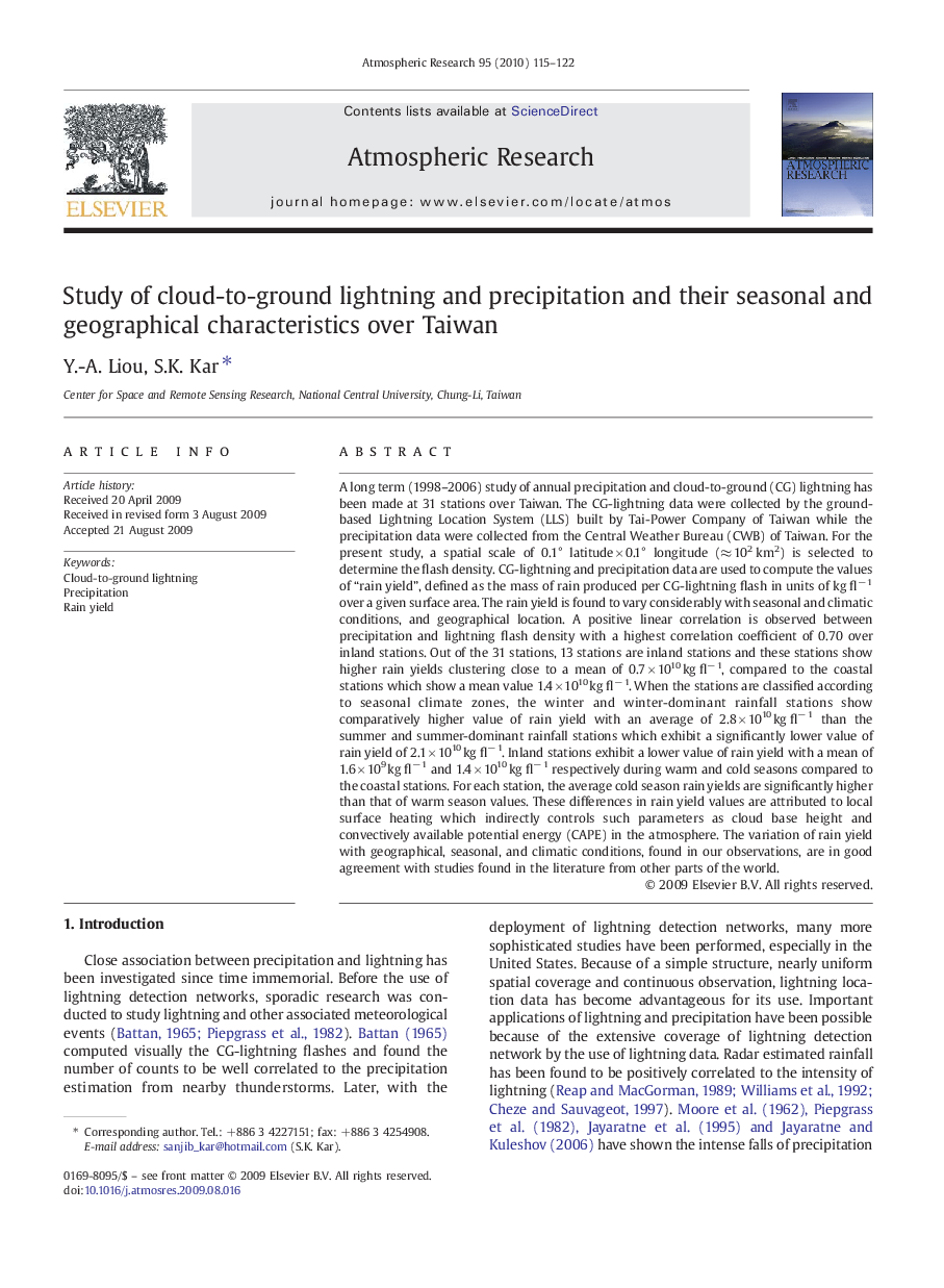 Study of cloud-to-ground lightning and precipitation and their seasonal and geographical characteristics over Taiwan