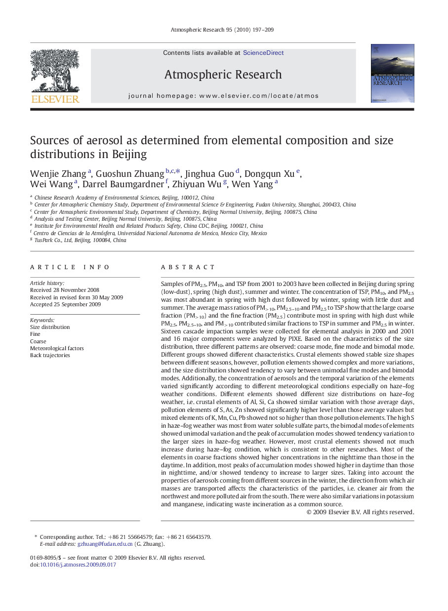 Sources of aerosol as determined from elemental composition and size distributions in Beijing