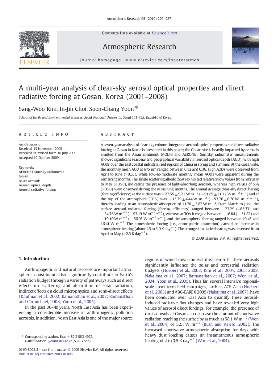 A multi-year analysis of clear-sky aerosol optical properties and direct radiative forcing at Gosan, Korea (2001–2008)