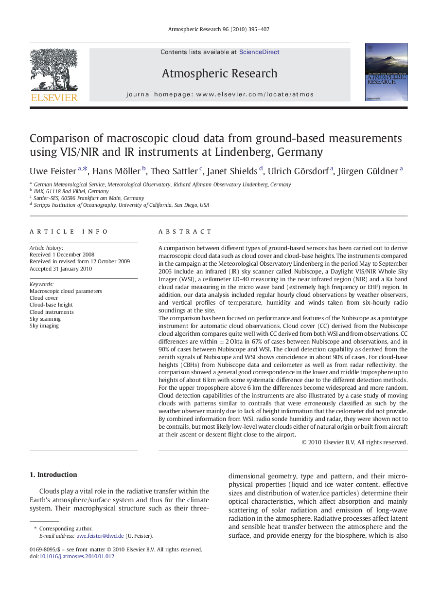 Comparison of macroscopic cloud data from ground-based measurements using VIS/NIR and IR instruments at Lindenberg, Germany