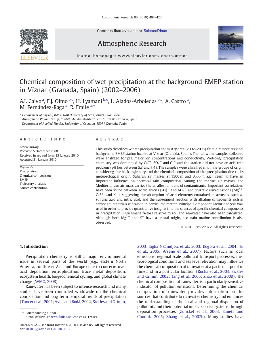 Chemical composition of wet precipitation at the background EMEP station in Víznar (Granada, Spain) (2002–2006)