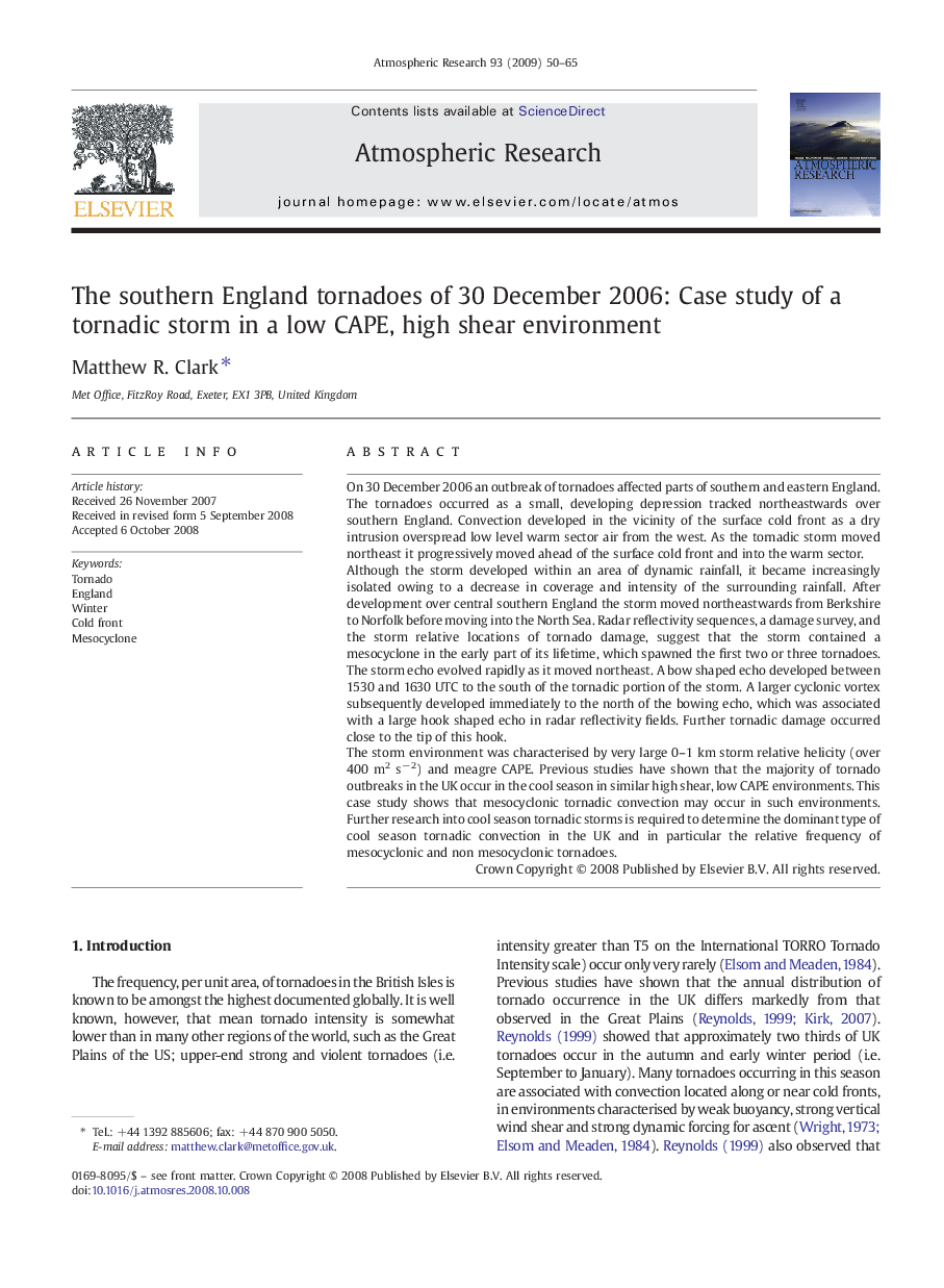 The southern England tornadoes of 30 December 2006: Case study of a tornadic storm in a low CAPE, high shear environment