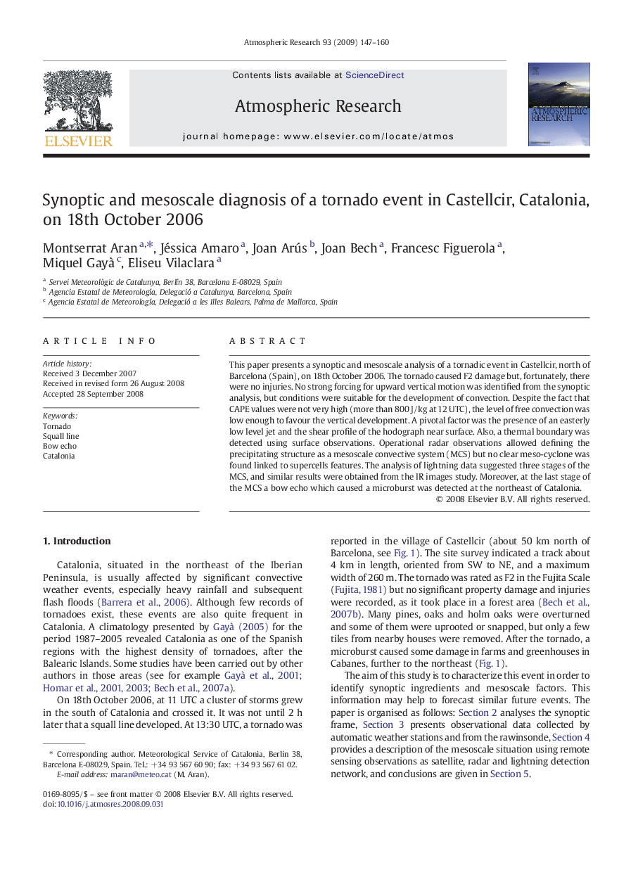 Synoptic and mesoscale diagnosis of a tornado event in Castellcir, Catalonia, on 18th October 2006