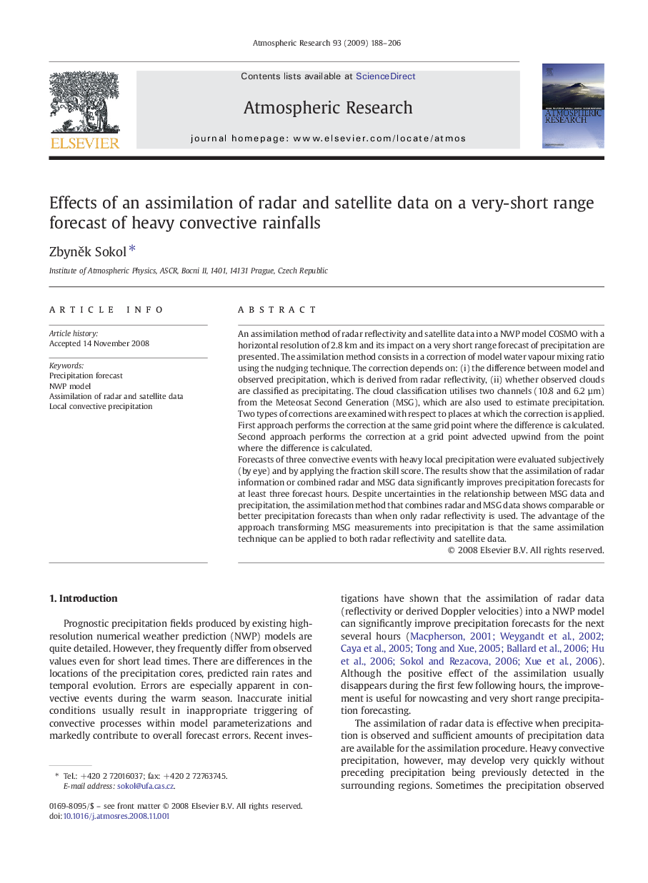 عکس صفحه اول مقاله: Effects of an assimilation of radar and satellite data on a very-short range forecast of heavy convective rainfalls Effects of an assimilation of radar and satellite data on a very-short range forecast of heavy convective rainfalls