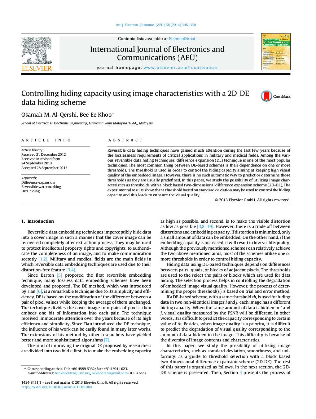 Controlling hiding capacity using image characteristics with a 2D-DE data hiding scheme