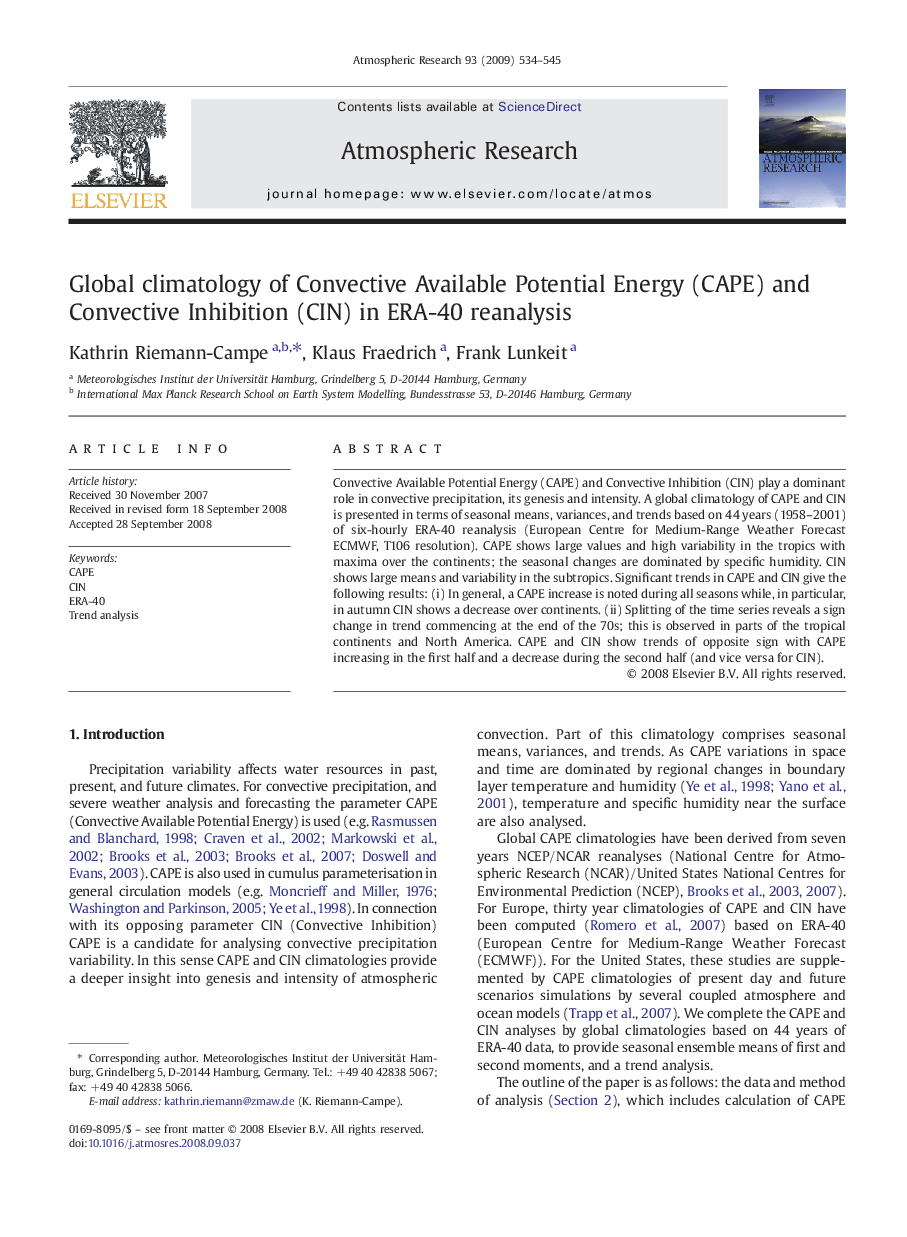 Global climatology of Convective Available Potential Energy (CAPE) and Convective Inhibition (CIN) in ERA-40 reanalysis