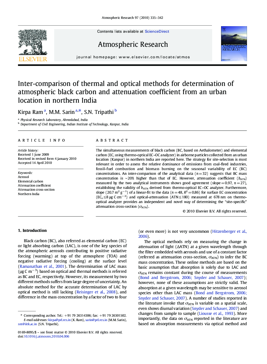 Inter-comparison of thermal and optical methods for determination of atmospheric black carbon and attenuation coefficient from an urban location in northern India