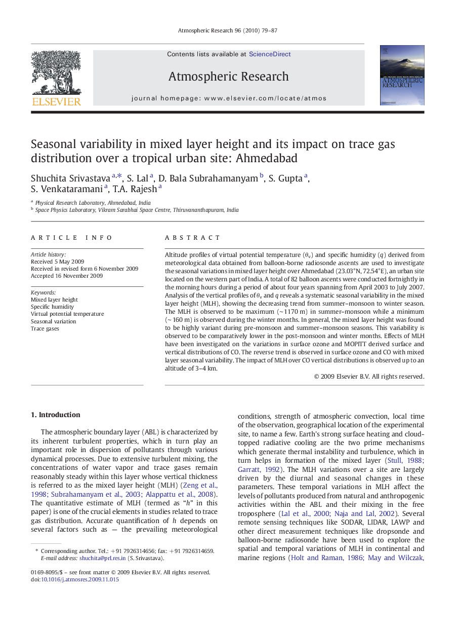 Seasonal variability in mixed layer height and its impact on trace gas distribution over a tropical urban site: Ahmedabad