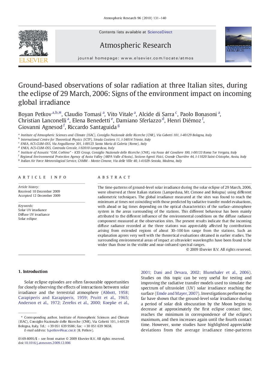 Ground-based observations of solar radiation at three Italian sites, during the eclipse of 29 March, 2006: Signs of the environment impact on incoming global irradiance