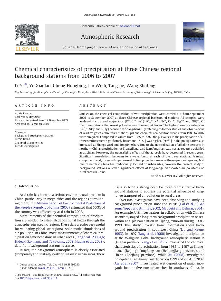 Chemical characteristics of precipitation at three Chinese regional background stations from 2006 to 2007