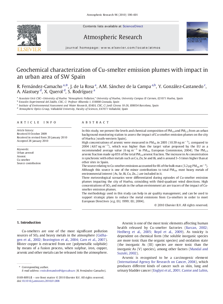 Geochemical characterization of Cu-smelter emission plumes with impact in an urban area of SW Spain