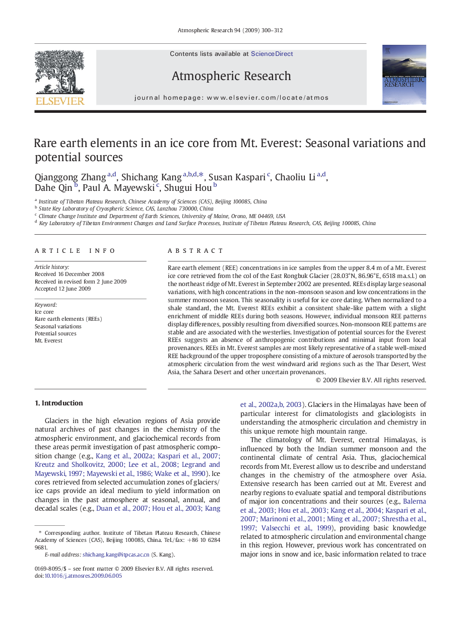 Rare earth elements in an ice core from Mt. Everest: Seasonal variations and potential sources