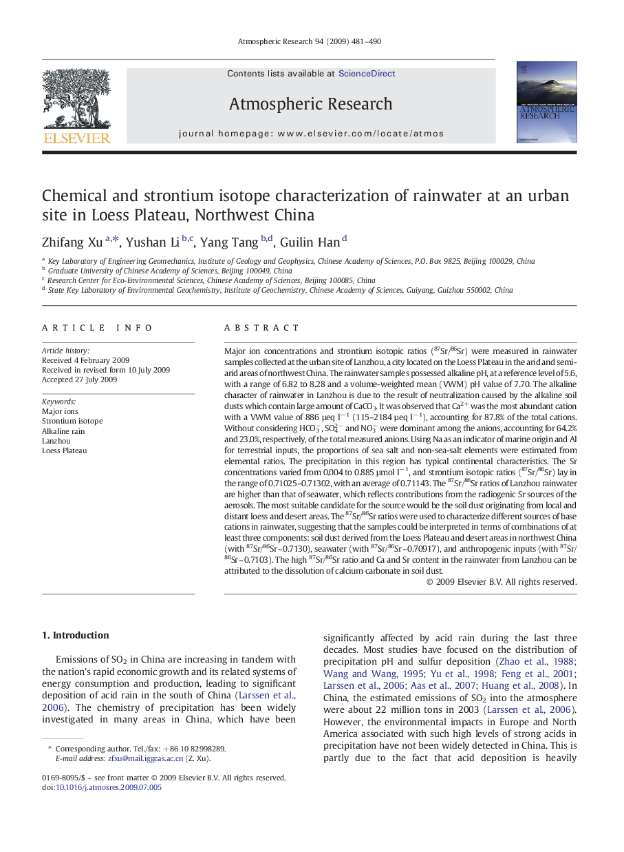 Chemical and strontium isotope characterization of rainwater at an urban site in Loess Plateau, Northwest China