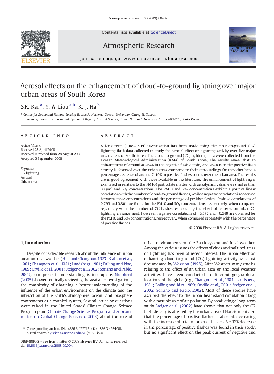 Aerosol effects on the enhancement of cloud-to-ground lightning over major urban areas of South Korea