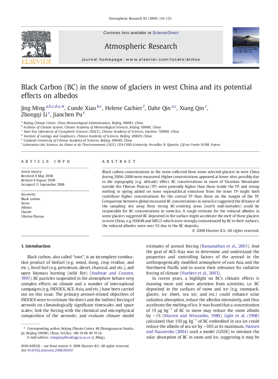 Black Carbon (BC) in the snow of glaciers in west China and its potential effects on albedos