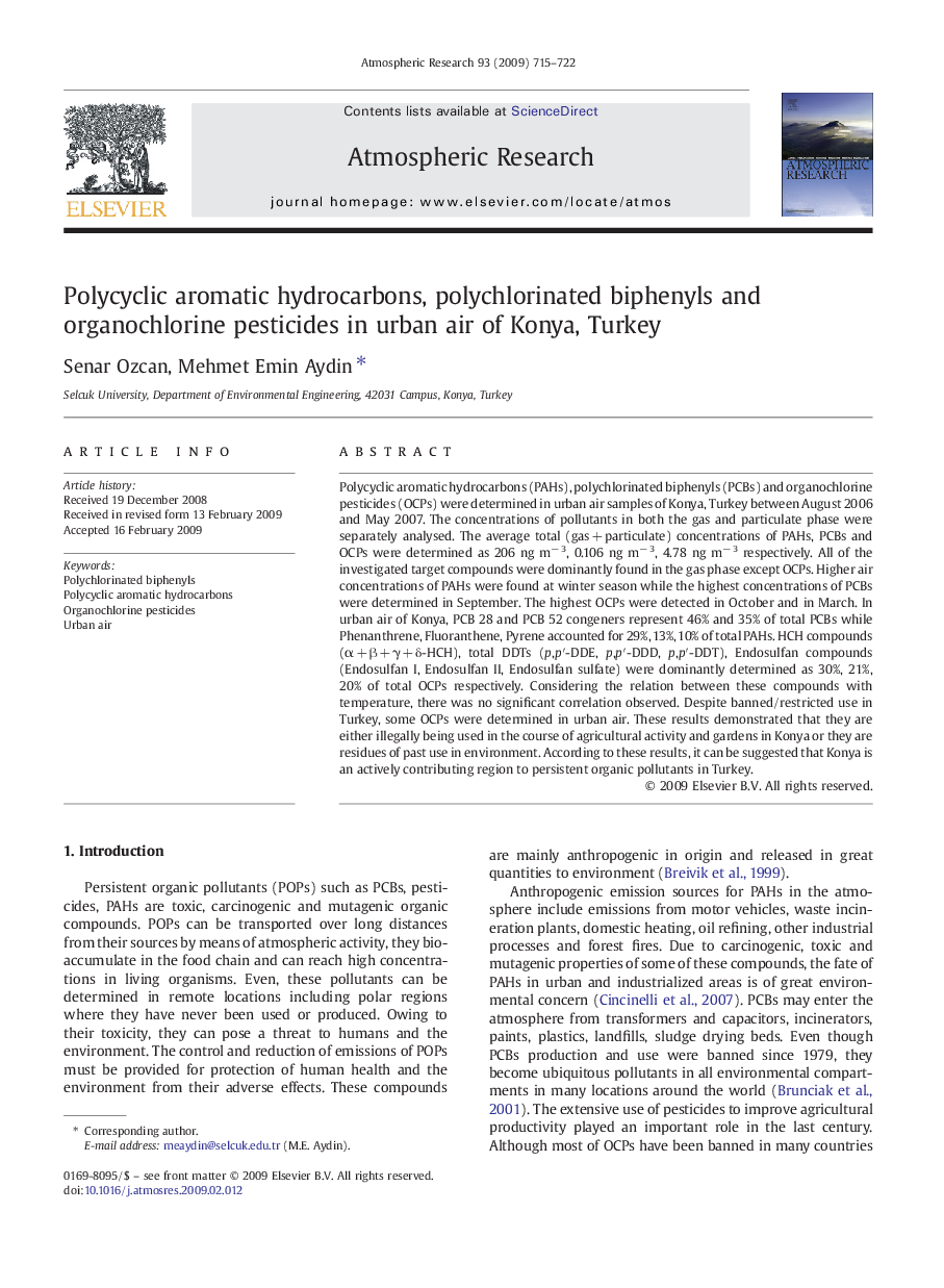 Polycyclic aromatic hydrocarbons, polychlorinated biphenyls and organochlorine pesticides in urban air of Konya, Turkey