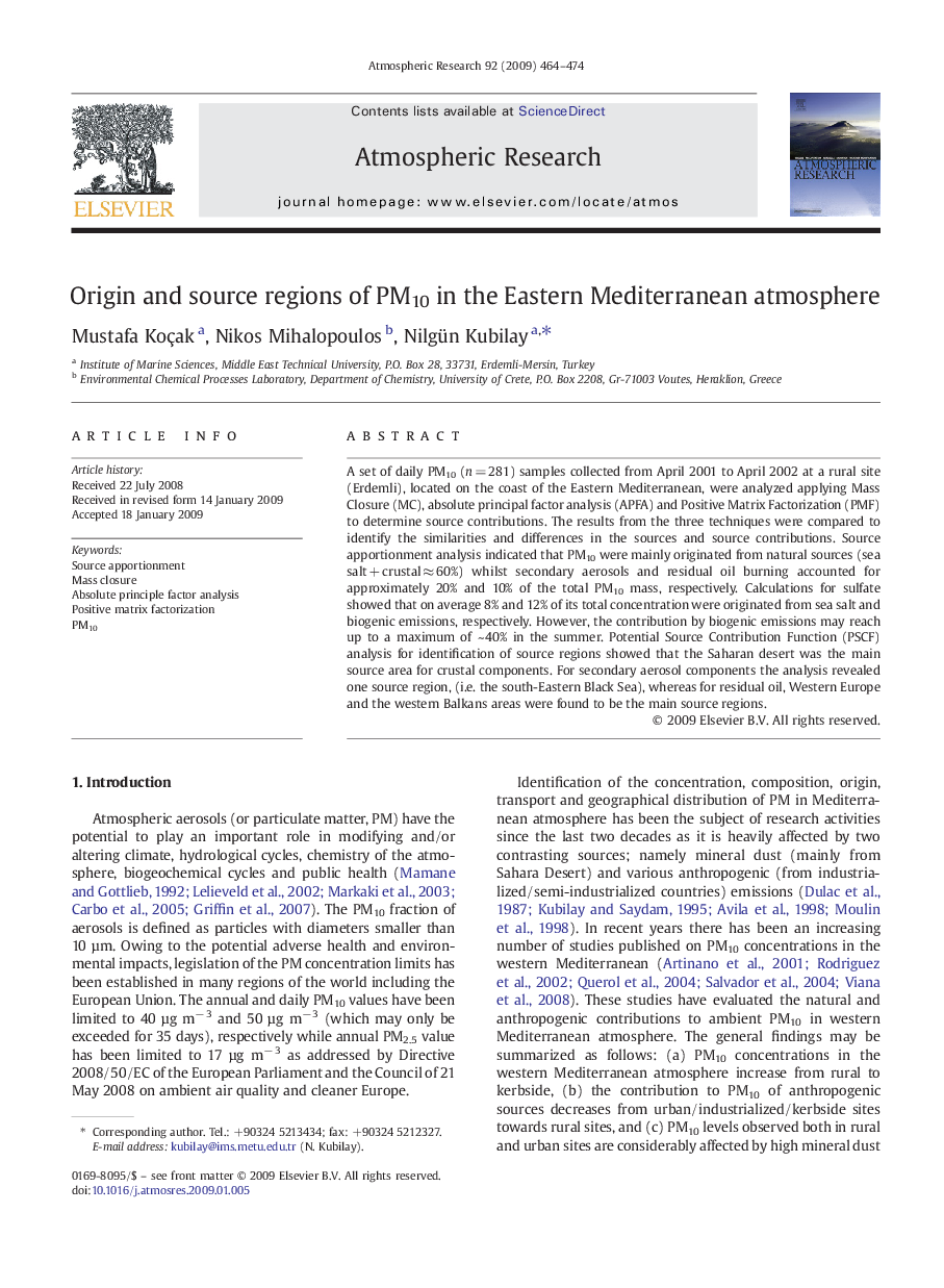 Origin and source regions of PM10 in the Eastern Mediterranean atmosphere