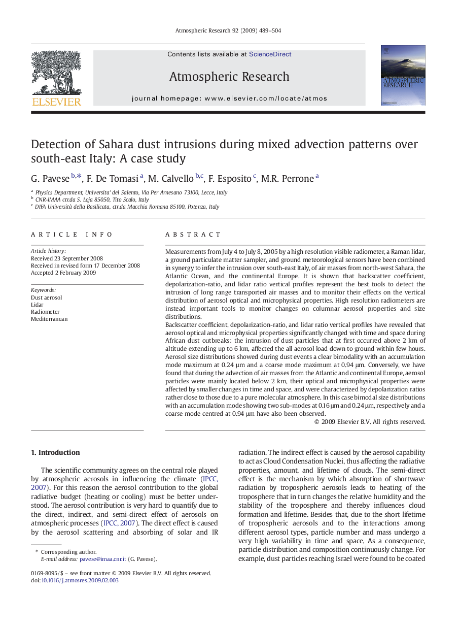 Detection of Sahara dust intrusions during mixed advection patterns over south-east Italy: A case study