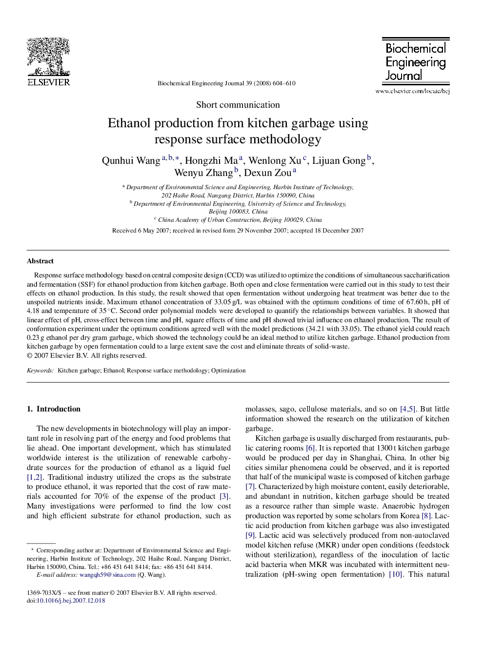 Ethanol production from kitchen garbage using response surface methodology