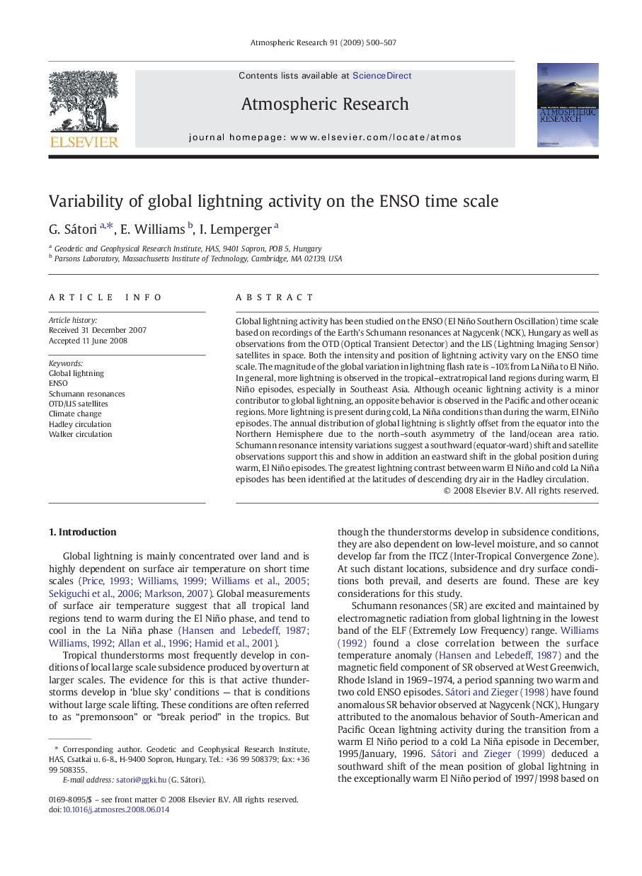 Variability of global lightning activity on the ENSO time scale