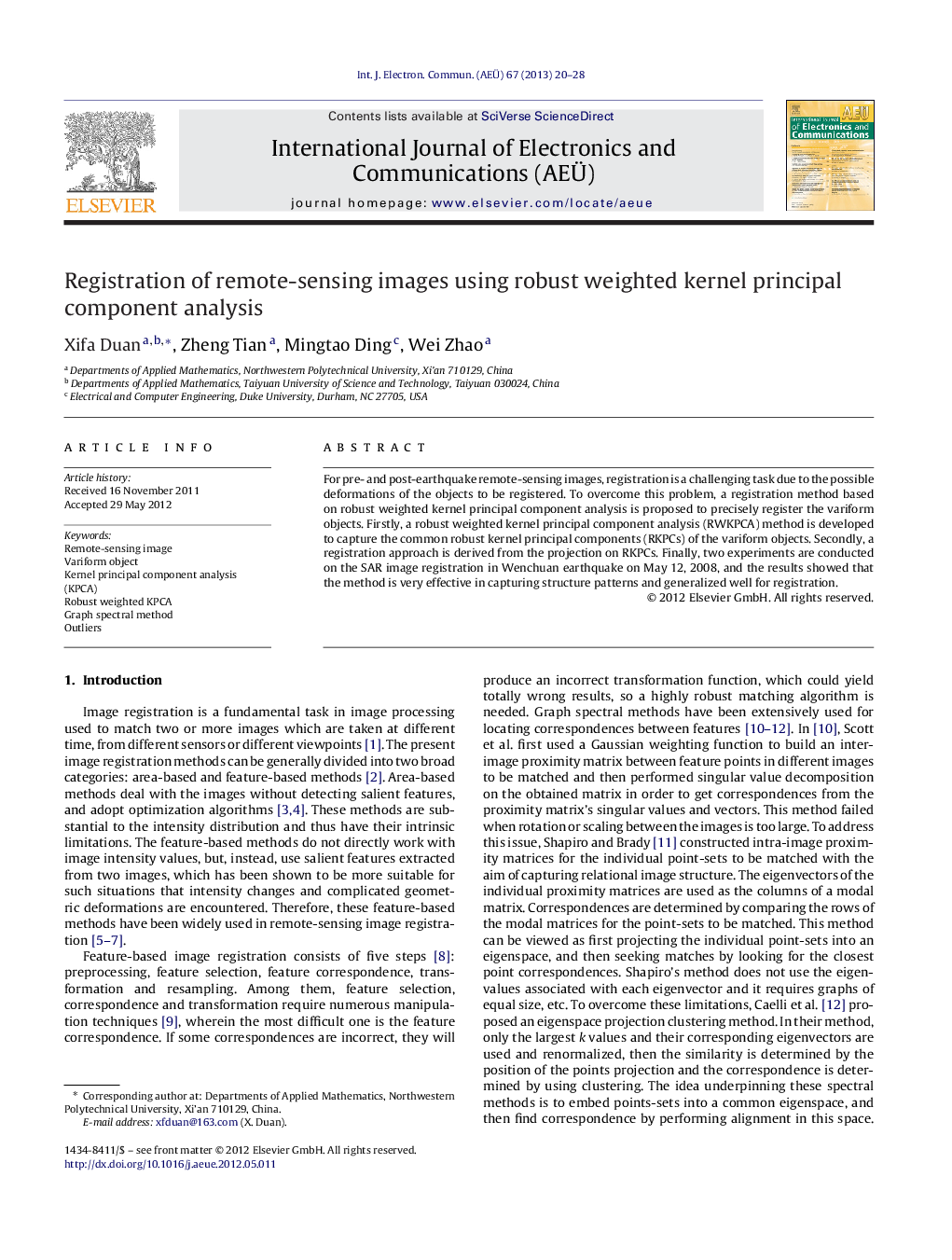 Registration of remote-sensing images using robust weighted kernel principal component analysis