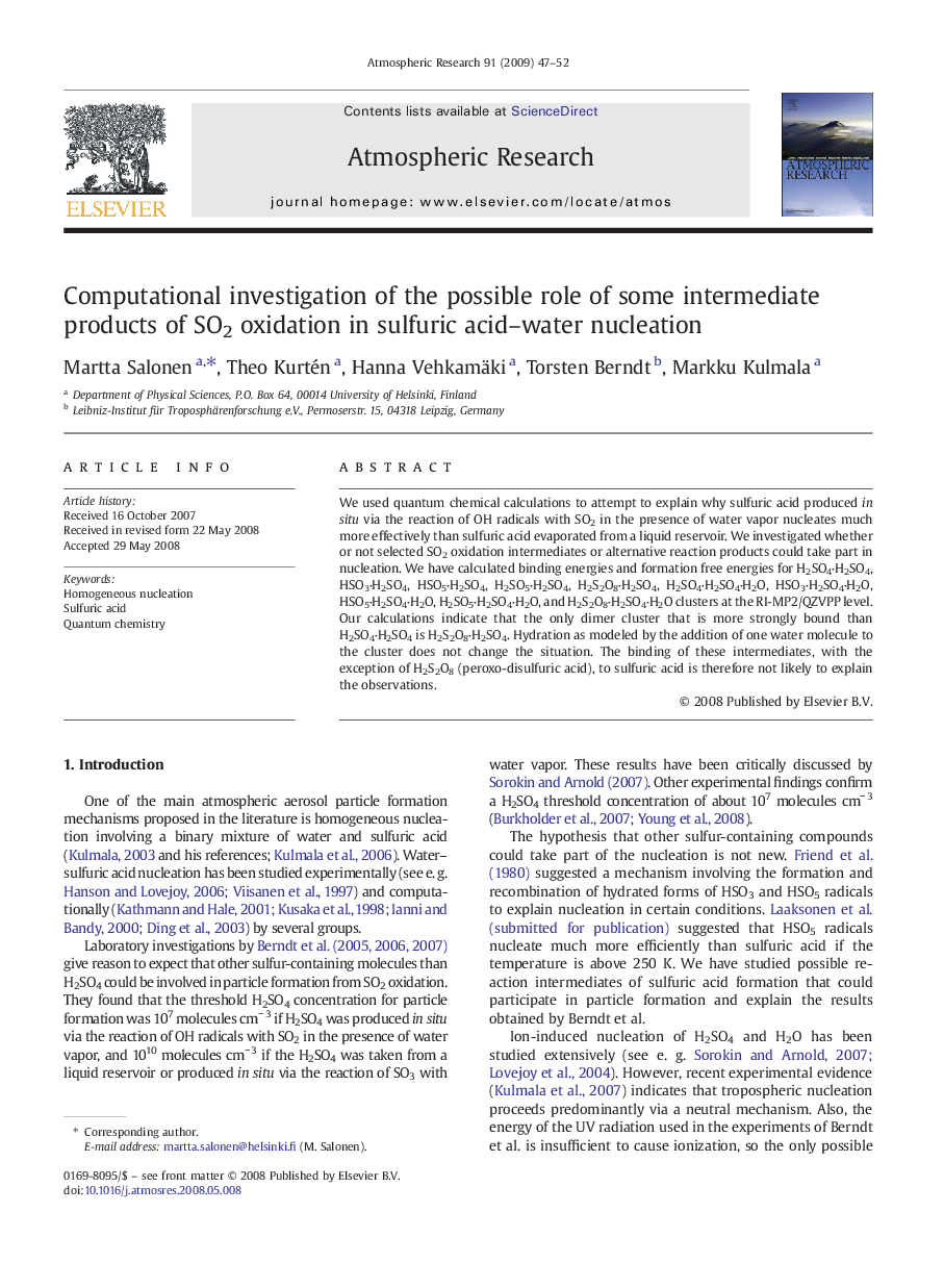 Computational investigation of the possible role of some intermediate products of SO2 oxidation in sulfuric acid–water nucleation