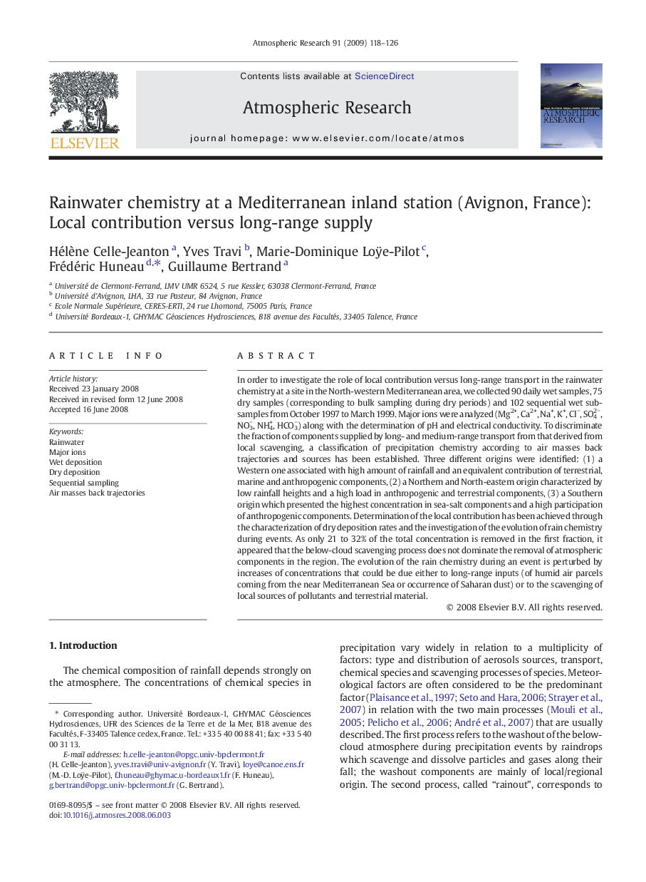 Rainwater chemistry at a Mediterranean inland station (Avignon, France): Local contribution versus long-range supply