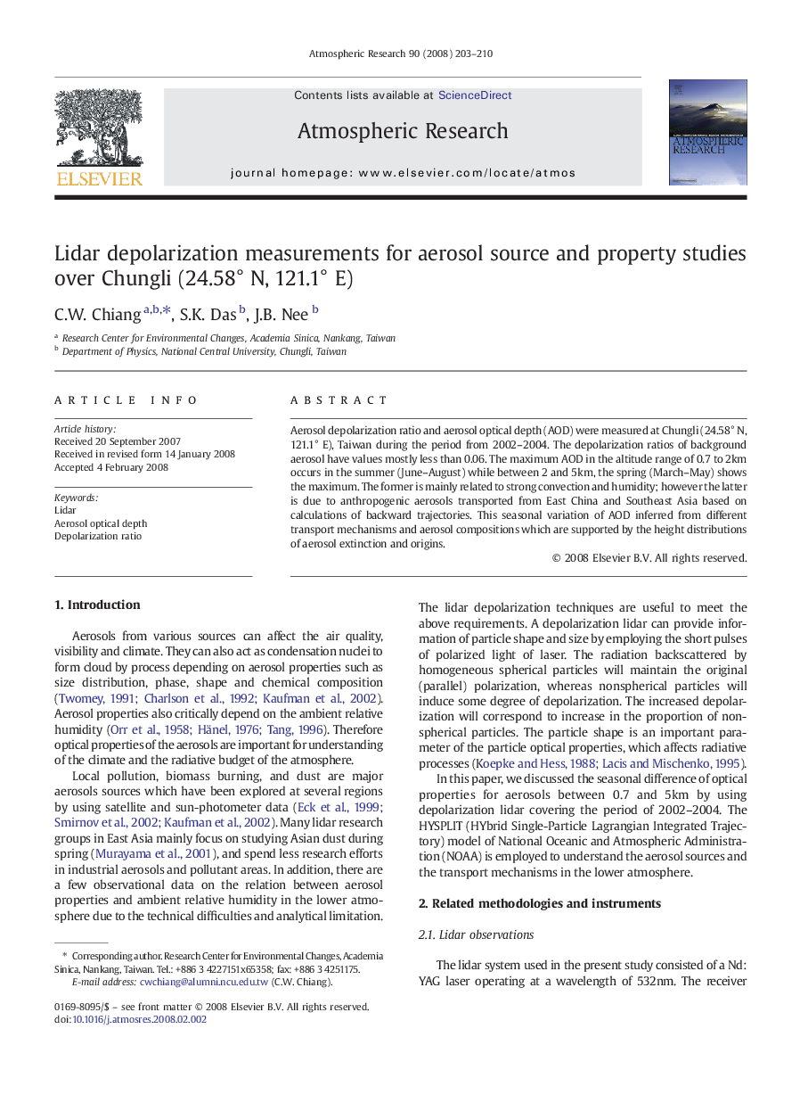 Lidar depolarization measurements for aerosol source and property studies over Chungli (24.58° N, 121.1° E)