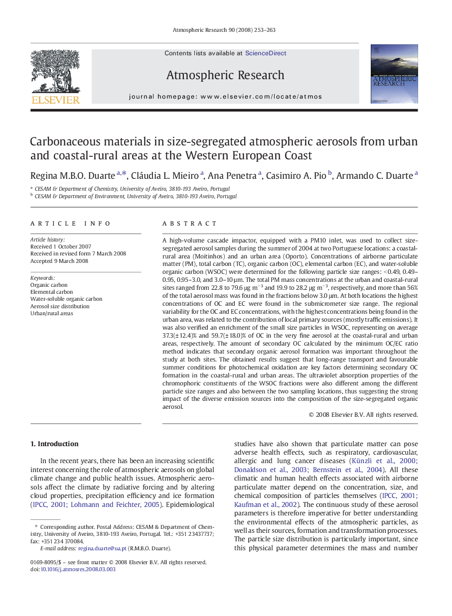 Carbonaceous materials in size-segregated atmospheric aerosols from urban and coastal-rural areas at the Western European Coast