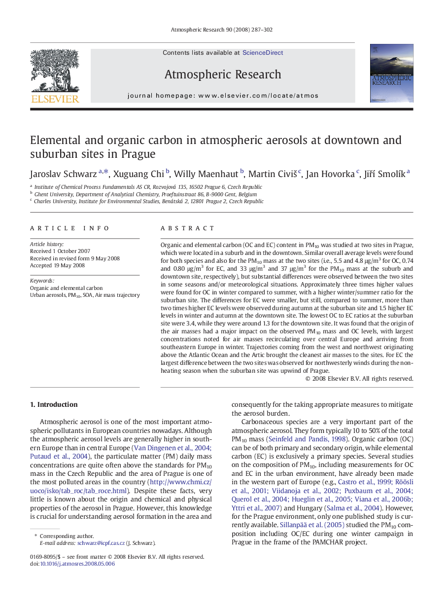 Elemental and organic carbon in atmospheric aerosols at downtown and suburban sites in Prague