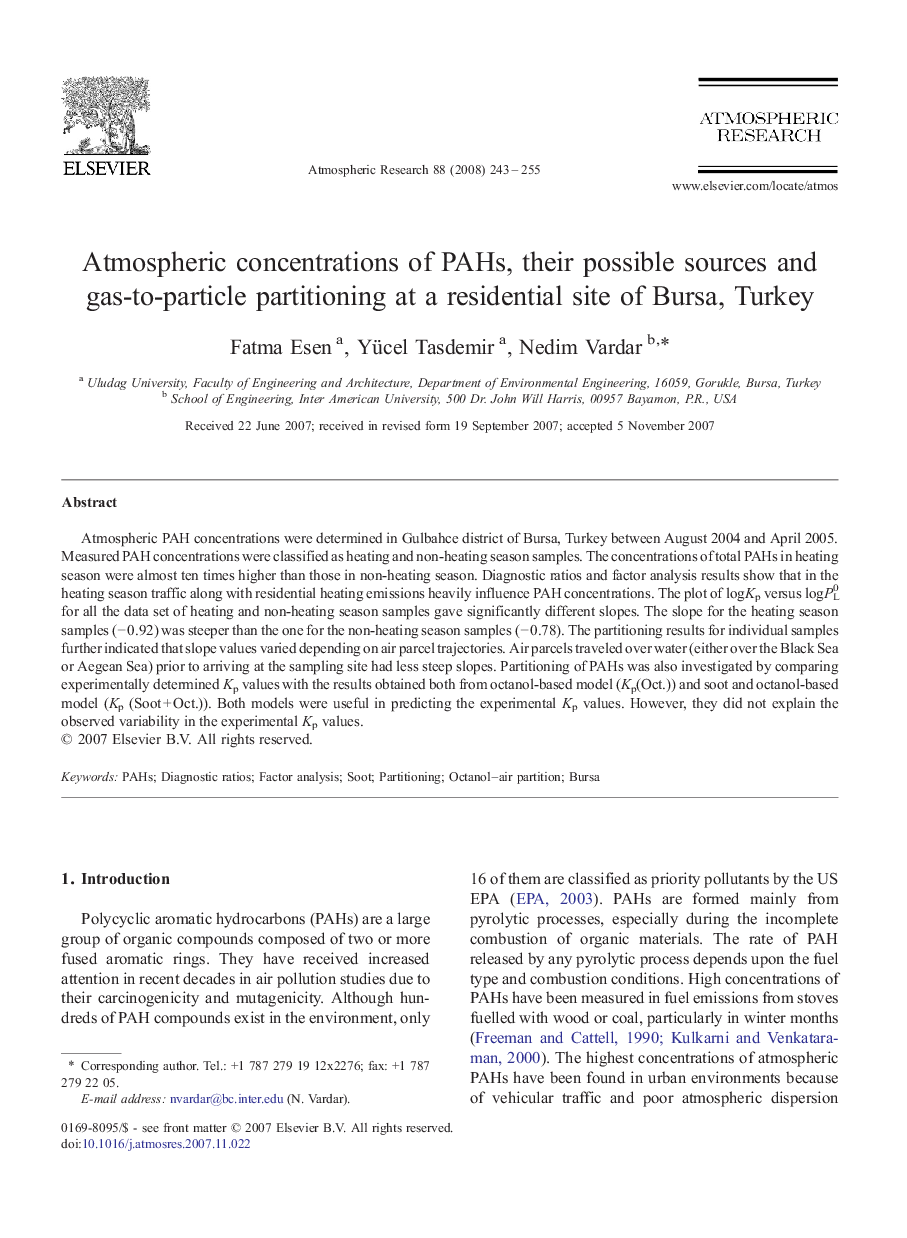 Atmospheric concentrations of PAHs, their possible sources and gas-to-particle partitioning at a residential site of Bursa, Turkey