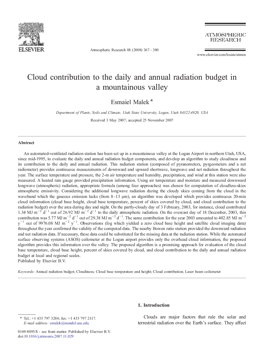 Cloud contribution to the daily and annual radiation budget in a mountainous valley