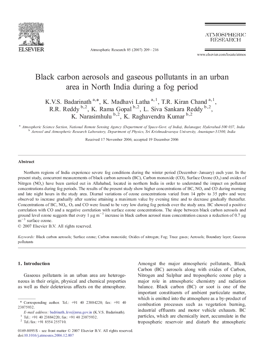 Black carbon aerosols and gaseous pollutants in an urban area in North India during a fog period