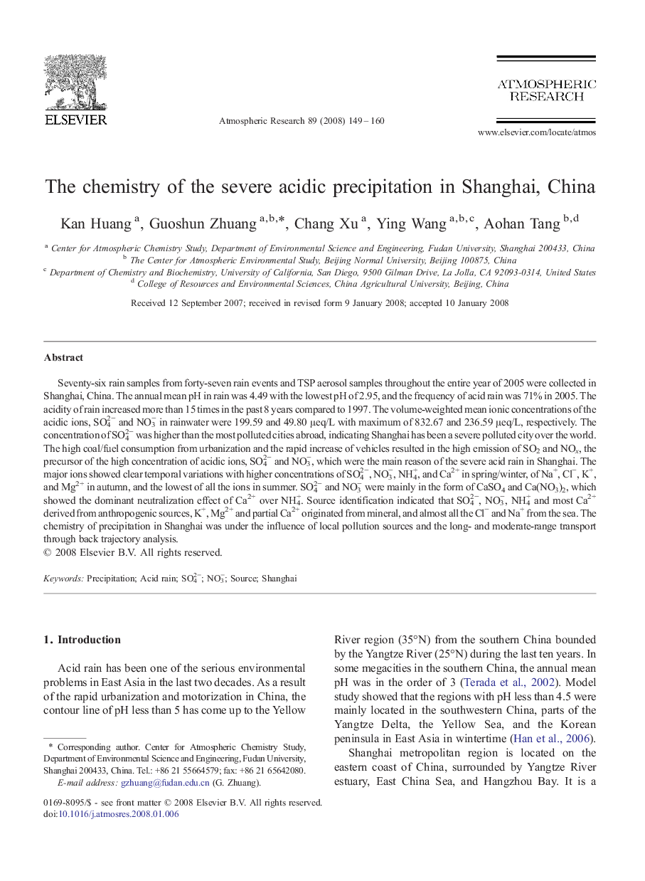 The chemistry of the severe acidic precipitation in Shanghai, China