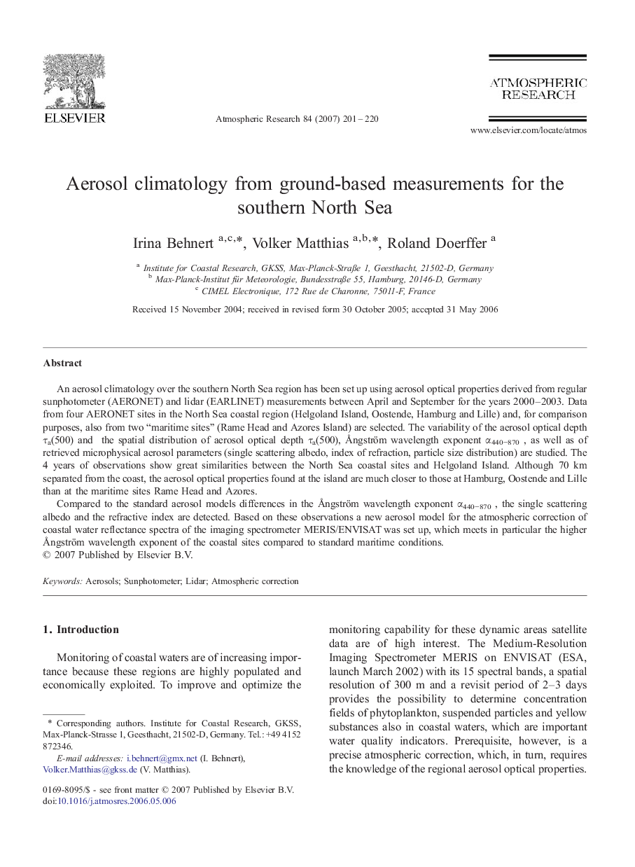 Aerosol climatology from ground-based measurements for the southern North Sea