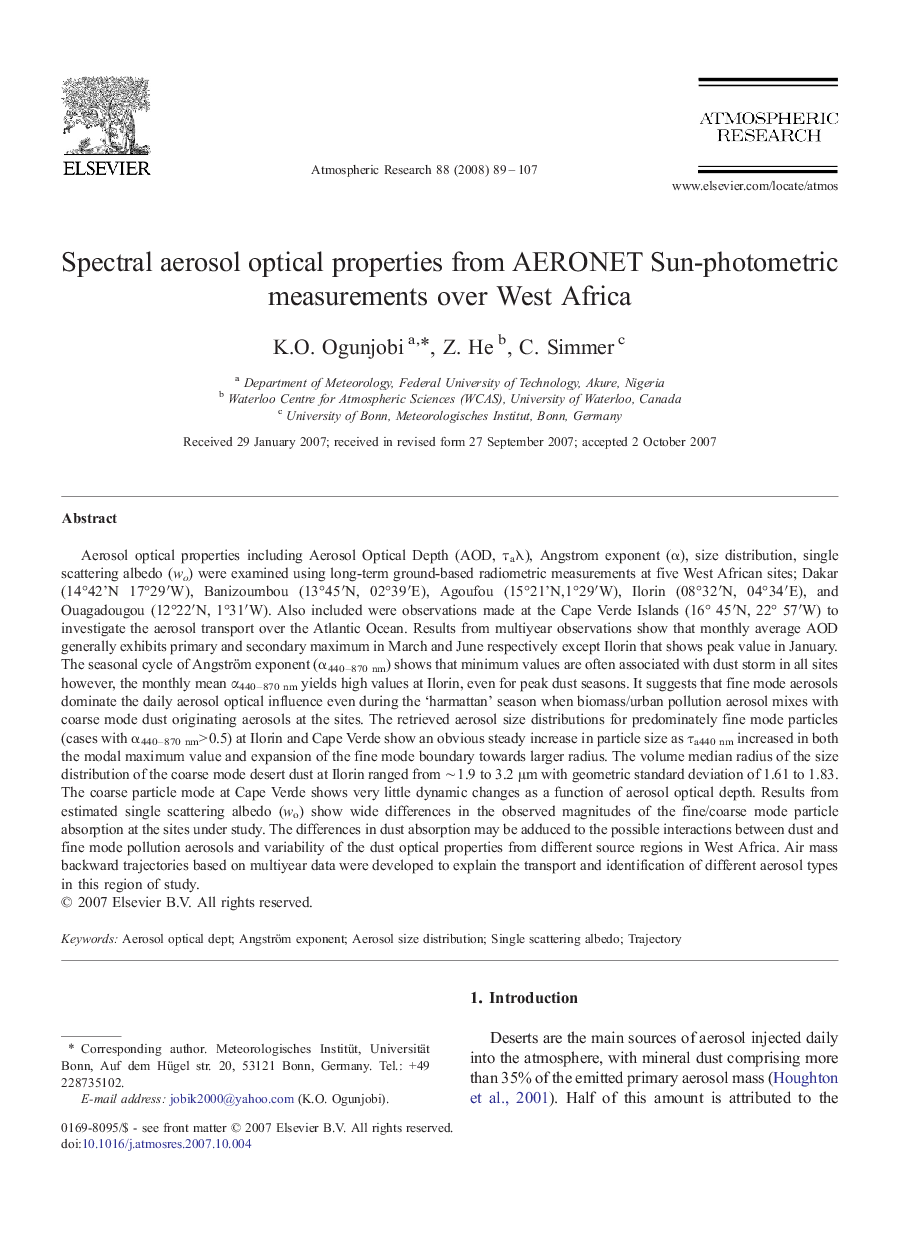 Spectral aerosol optical properties from AERONET Sun-photometric measurements over West Africa