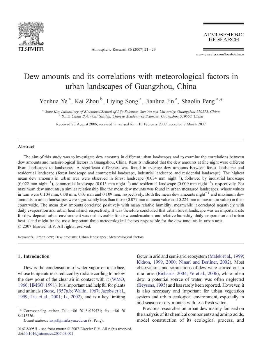 Dew amounts and its correlations with meteorological factors in urban landscapes of Guangzhou, China