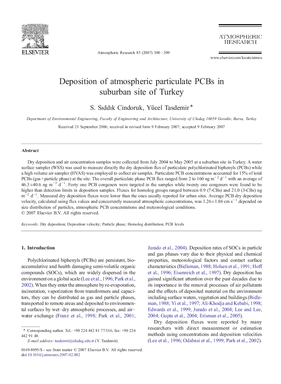 Deposition of atmospheric particulate PCBs in suburban site of Turkey