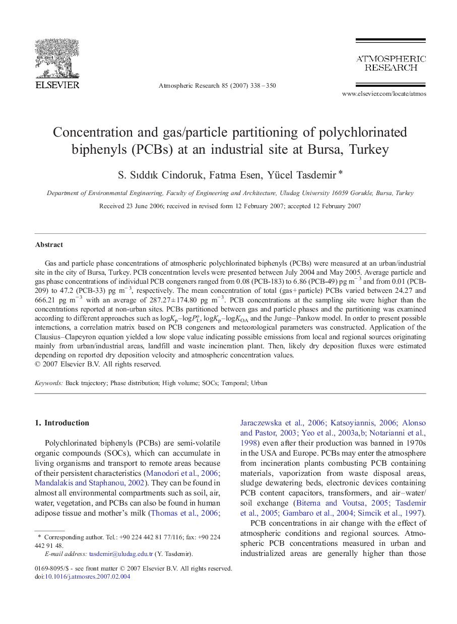 Concentration and gas/particle partitioning of polychlorinated biphenyls (PCBs) at an industrial site at Bursa, Turkey