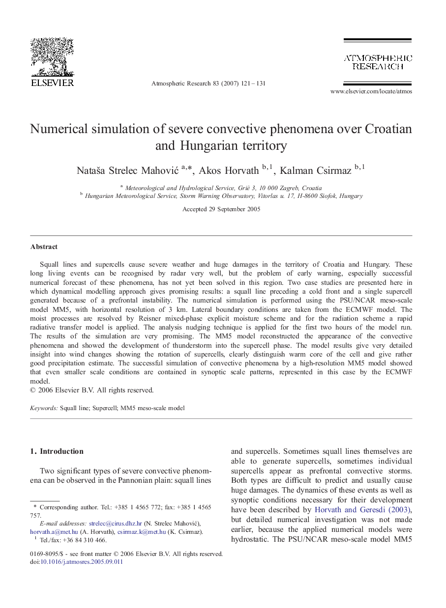 Numerical simulation of severe convective phenomena over Croatian and Hungarian territory