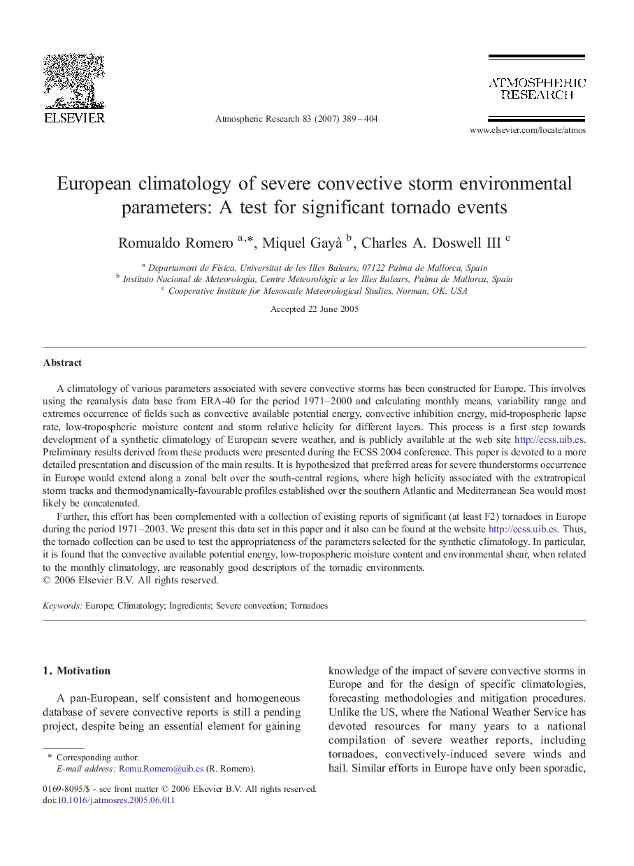 European climatology of severe convective storm environmental parameters: A test for significant tornado events